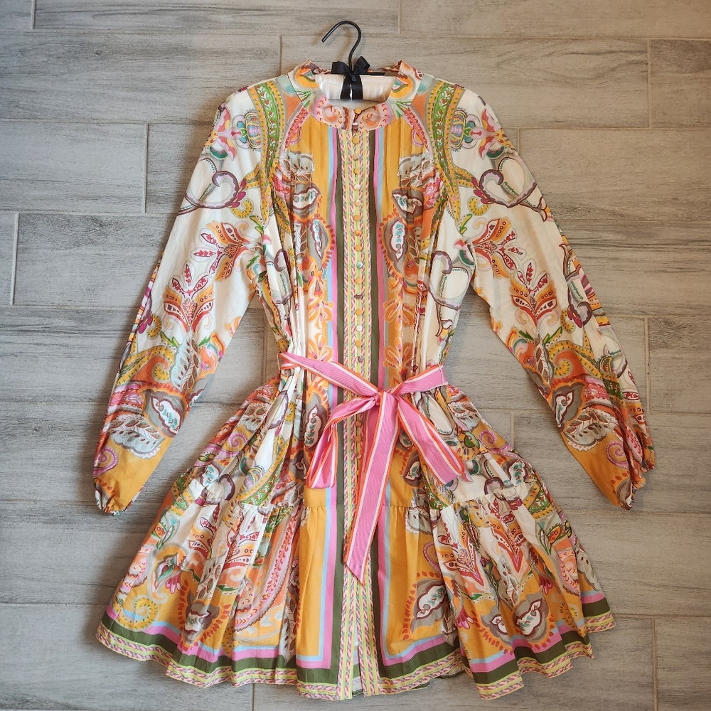Antonio Melani Mini Dress 6 Petal Pink Ochre Scarf Cotton Voile Brynn New $230B